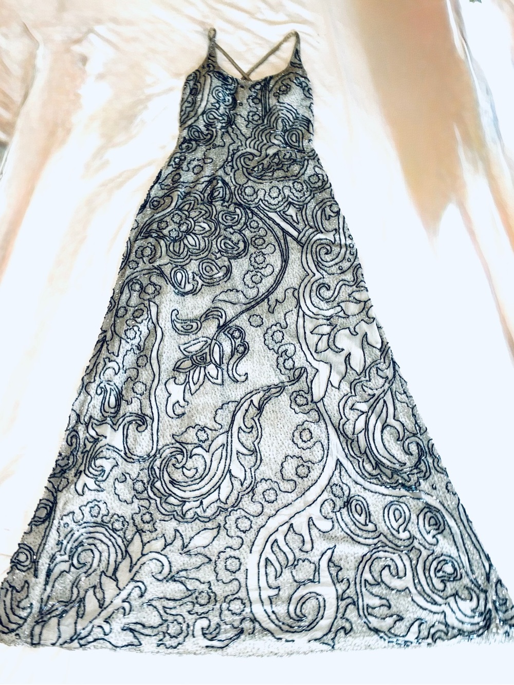 Women's silver and pewter beaded 100% pure silk gown
